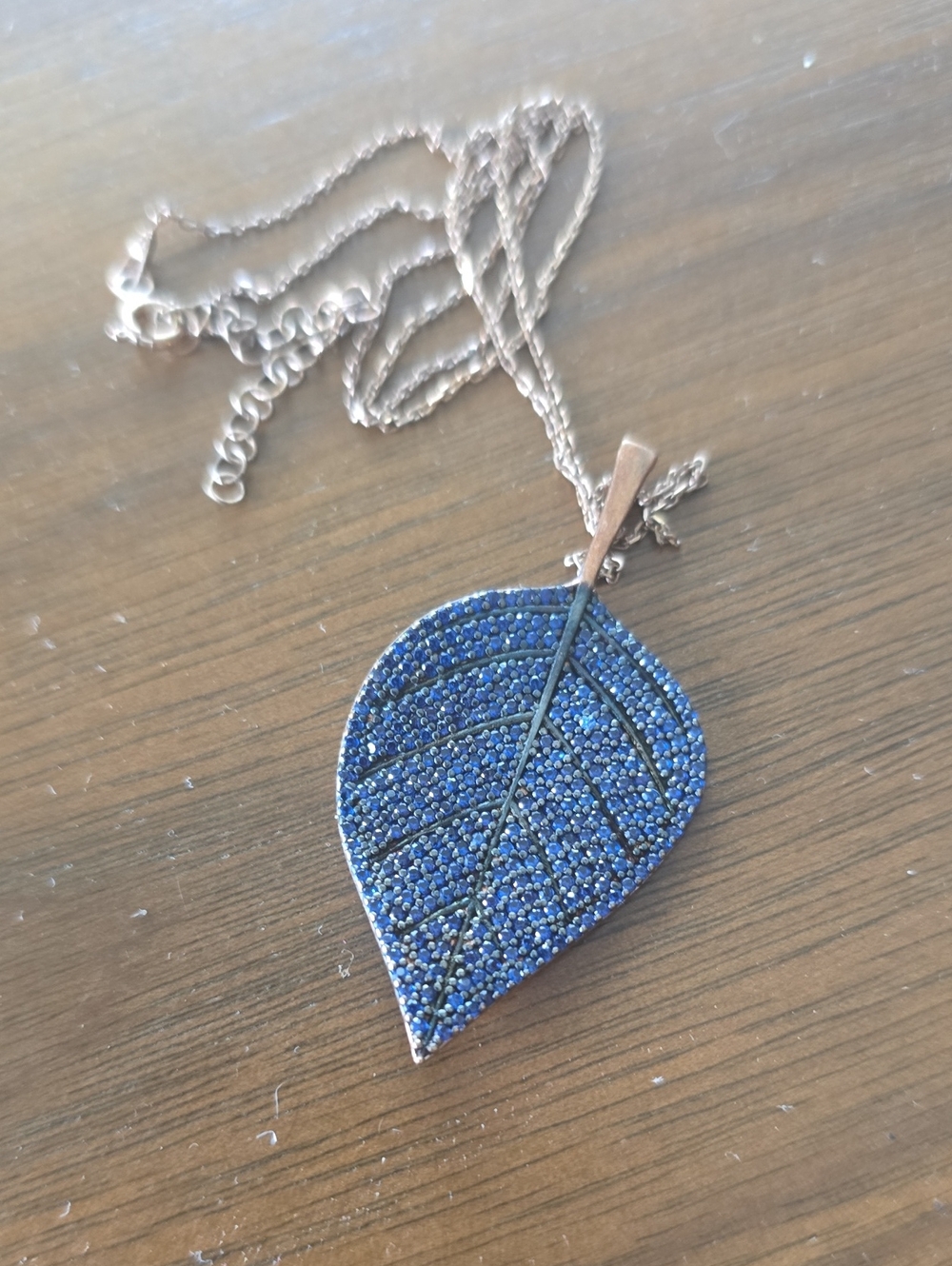 Copper Leaf Pendant Necklace with Blue Crystal Pavé